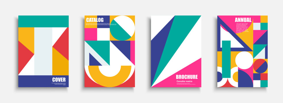 Collection of vector colorful artwork posters with mosaic abstract geometric shapes. Creative covers in modern art fashion style. Bright trendy placards, brochures, banners, backgrounds
