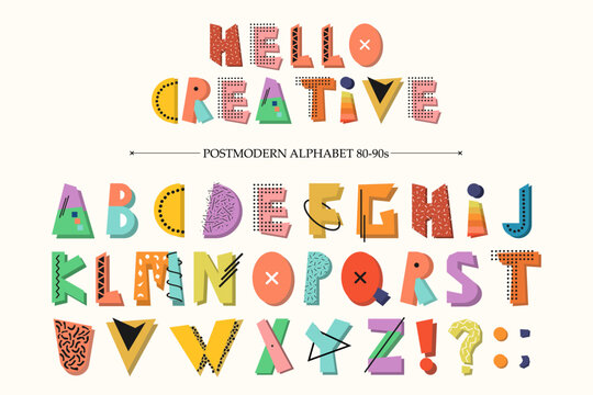 Memphis funky creative alphabet set. Colorful letters. Vector font in retro 80s - 90s pop art style. Typographic Typeface for Trendy Poster, Logo, and Fun Bold Text Design