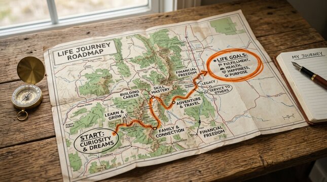Life journey roadmap with marked goals and milestones for planner poster and wall background to illustrate personal growth and career planning