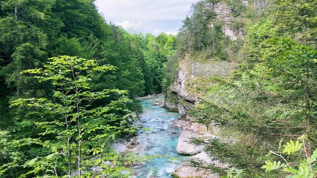 Streaming Mountain River with Crystal Cold Water. Orrido dello Slizza, Italy