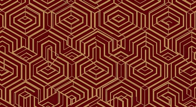 Geometric abstract pattern of hexagons and lines in red and beige