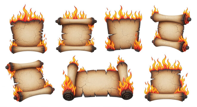 burning scrolls on white background flames engulfing old parchment fantasy magic announcement visuals