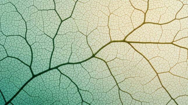 Macro texture of leaf veins skeleton background with turquoise and yellow color gradient, botanical natural pattern of organic plant cell structure