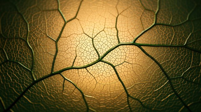 Cinematic macro view of green leaf vein structure with glowing golden light source from center, abstract botanical organic background of plant cells