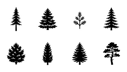 Fototapeta premium Set of 8 Black Pine Tree Silhouettes, Evergreen Forest Icons, Nature Vector Graphics, Woodland Elements