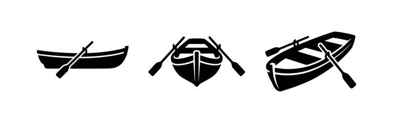 Rowing Boat and Oar Water Sport Icons in Black Silhouette © Lili