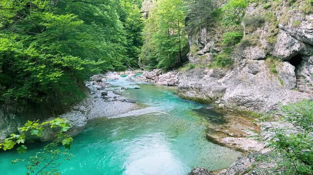Streaming Mountain River with Crystal Cold Water. Orrido dello Slizza, Italy