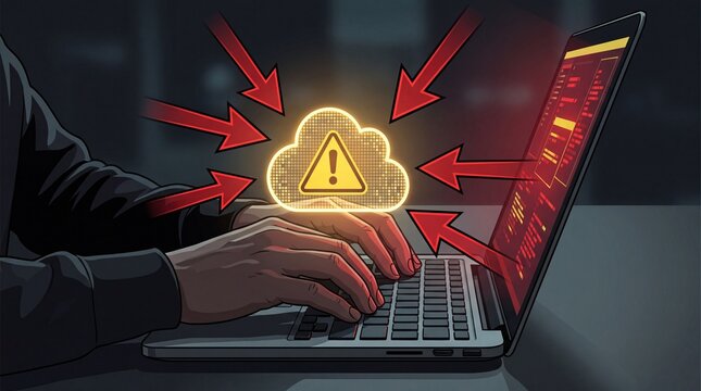 A digital illustration of a hacker using a laptop to launch a cyber attack against a cloud computing server, represented by a glowing warning icon.