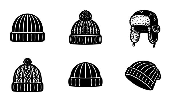 Winter Hats Vector Icons Set: Beanie, Pom Pom, Ushanka, Knit Caps Collection
