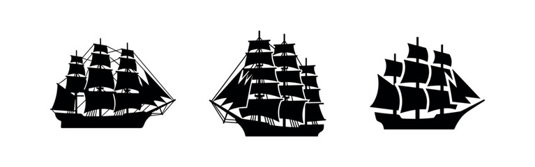 Three black sailing ship icons on white background © Lili