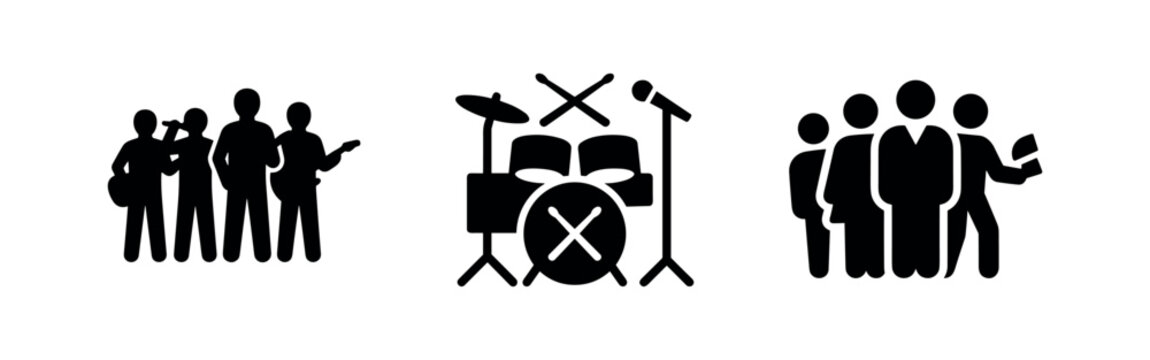 Three black band and music icons on white background
