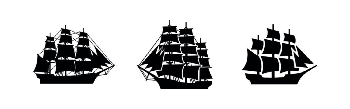 Three black sailing ship icons on white background