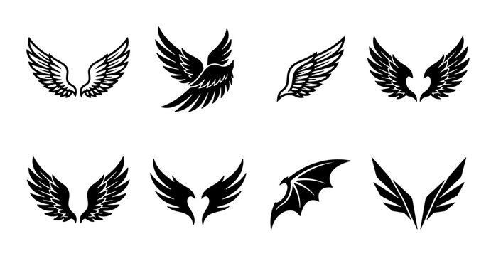 Diverse Wing Icons Set: Angelic, Bat, Feathered, Tribal Designs for Graphic Resources
