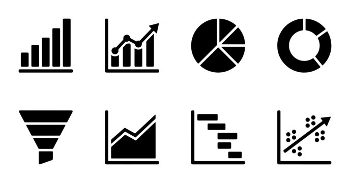 Business Data Analysis Icons: Bar, Line, Pie, Donut Charts, Funnel, Gantt, Scatter Plots