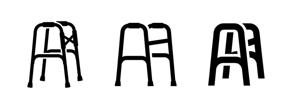 Walking frame and mobility walker icons set. Aid for elderly and disabled individuals.