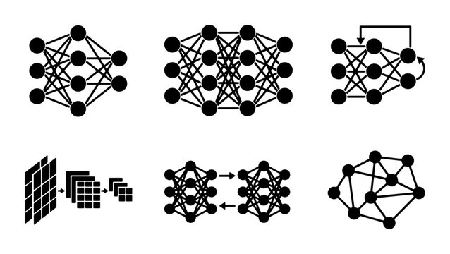 Neural Network Icons, Deep Learning Diagrams, AI Machine Learning Network Structures, Data Science Visuals