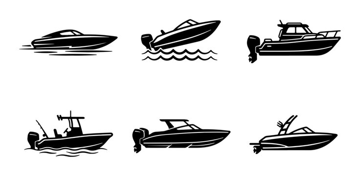 Set of 6 Motorboat Icons, Speedboat & Yacht Vector Graphics, Marine Transport Collection