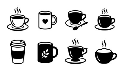 Obraz premium Hot Coffee Cups and Mugs Vector Icons Set: Espresso, Cappuccino, Takeaway, Ceramic, Black and White