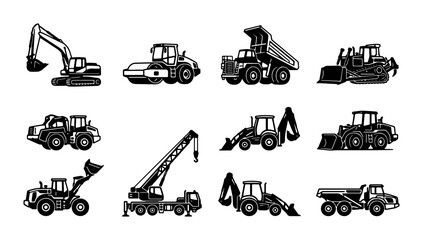 Heavy Construction Equipment Vector Icons Set: Excavator, Bulldozer, Dump Truck, Crane, Loader © Santo