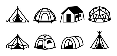 Diverse Tent Icons Collection: Camping, Glamping, Outdoor Shelter Vector Set © Sihab