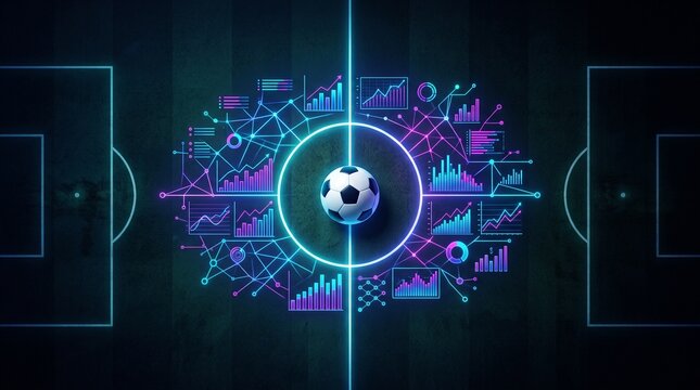 soccer ball at center field with digital sports data graphics