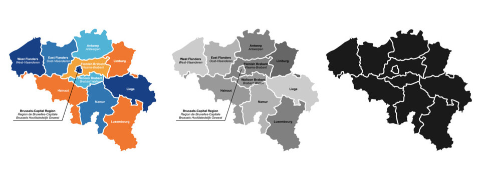 Belgium map templates showing provinces borders including Antwerp West Flanders Liege and Brussels capital region in color grayscale black silhouette isolated on white background illustration