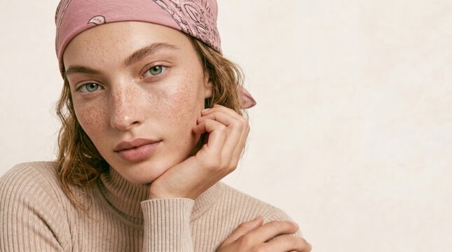Thoughtful young woman with green eyes and freckles wearing pink bandana headscarf and beige turtleneck sweater close up portrait looking at camera
