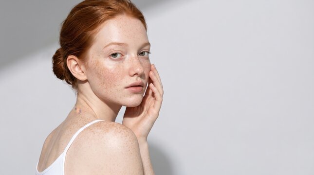 Inclusive beauty and diversity concept with young authentic ginger female model showing natural freckled skin tone for dermatological advertising
