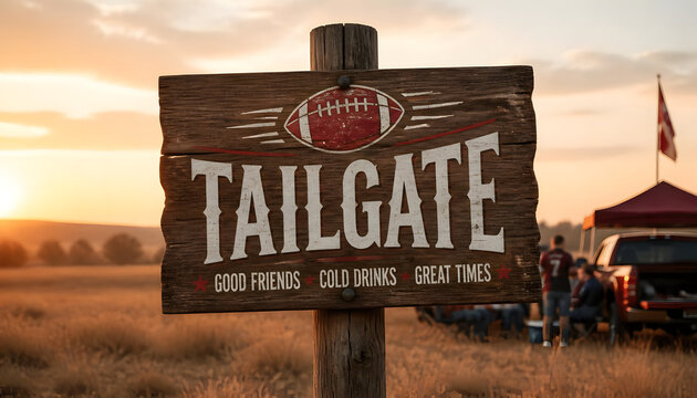 Rustic wooden tailgate party sign with a football graphic in a field at sunset