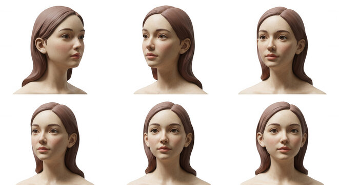 composite image of a womans 3d rendered face at different angles on a white background for beauty product use