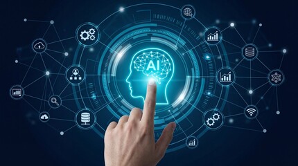 Obraz premium A human finger touches a glowing AI brain digital interface, surrounded by connected network icons, representing modern artificial intelligence and data technology.