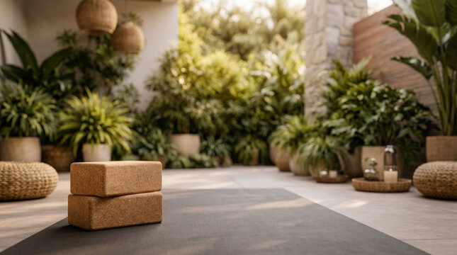 Yoga mats and cork blocks on outdoor terrace surrounded by tropi