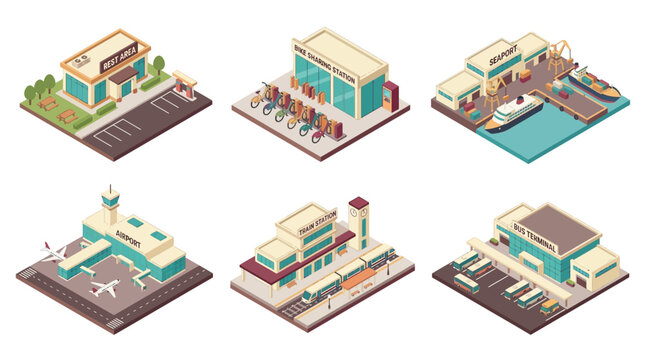 Isometric illustration of various transportation hubs including airport, harbor, train station, and bus terminal with detailed