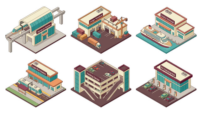 Isometric illustrations of diverse transportation hubs including train stations, bus terminals, airports, and parking facilities