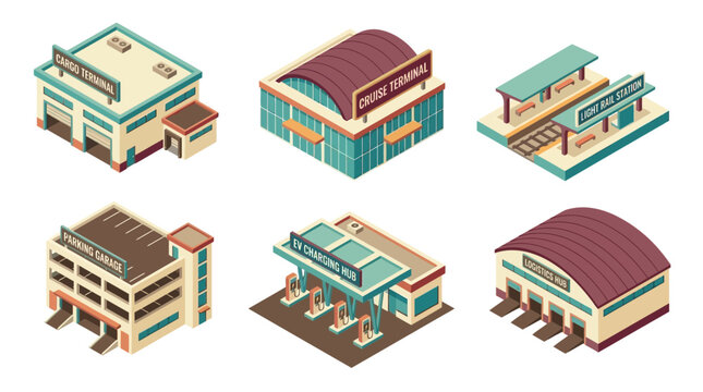 Array of modern transportation hubs including train stations, bus terminals, and garages with detailed architectural design