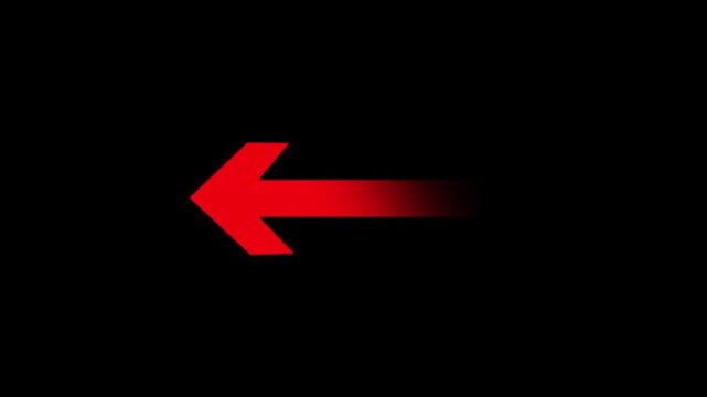 Minimalist red arrow pointing leftwards animation isolated on black background for video transition navigation next page and motion graphics.