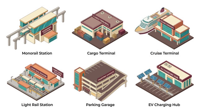 Detailed illustration of various transportation infrastructure facilities including monorail station cargo terminal cruise