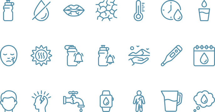 A collection of blue vector line icons illustrating dehydration symptoms and water intake health concepts
