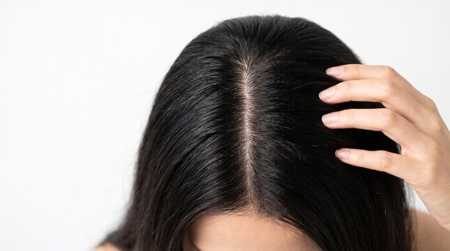Close Up of Healthy Hair Scalp with Woman Checking Hair Roots