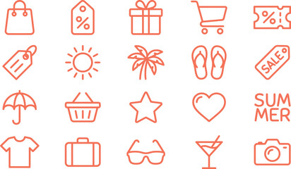 Minimalist vector illustration set featuring orange outline icons for summer shopping and travel themed design © Septarim