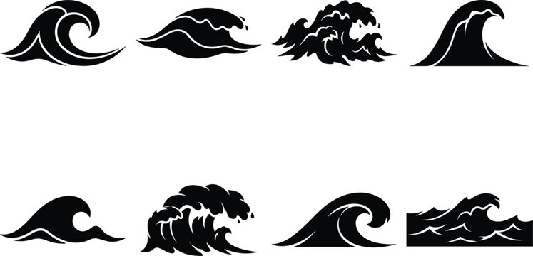 Ocean Wave Silhouette Collection Featuring Abstract Sea Surf Curl Splash and Marine Design Elements Vector Set