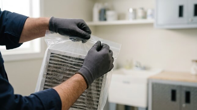 Hands seal plastic bag over air filter
