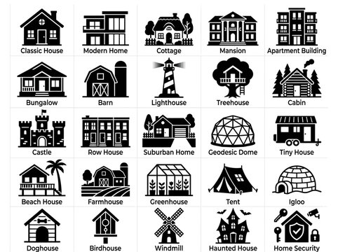 Collection of House and Building Icons: Classic, Modern, Farmhouse, Castle, Igloo, Security