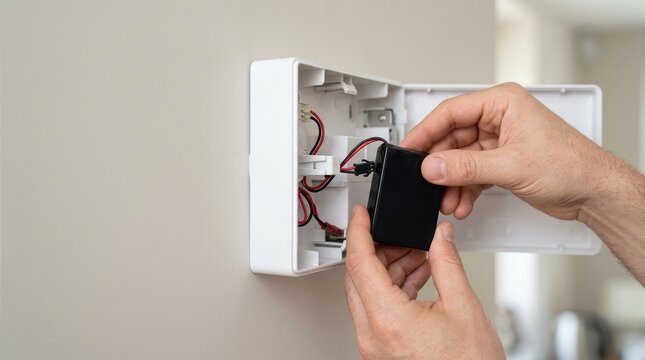 Hands install black device into white wall mount