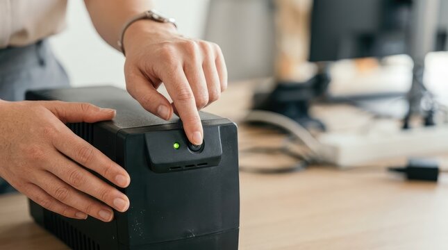Hand presses button on black power backup unit