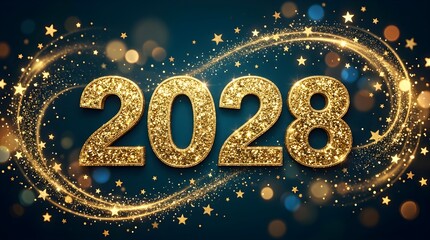 Fototapeta premium Sparkling golden numbers 2028 with swirling light trails and bokeh effects on a dark blue background, celebrating the new year.