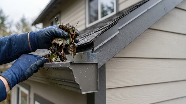 Hand removes debris from gutter