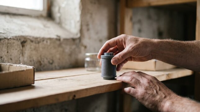 Hands adjust small cylindrical object on wooden surface