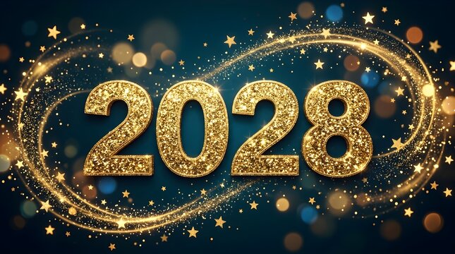 Sparkling golden numbers 2028 with swirling light trails and bokeh effects on a dark blue background, celebrating the new year.