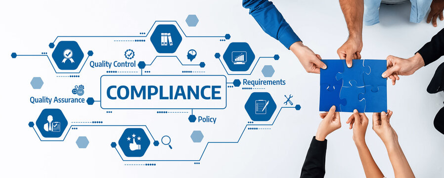A diverse team collaborates to ensure compliance with policies and requirements, enhancing quality control and assurance for effective business solutions and growth. Amity
